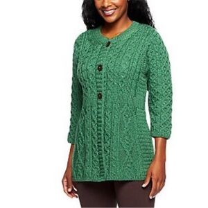 Kilronan Merino Wool Empire Waist Cardigan Green Cable Knit Sweater Medium